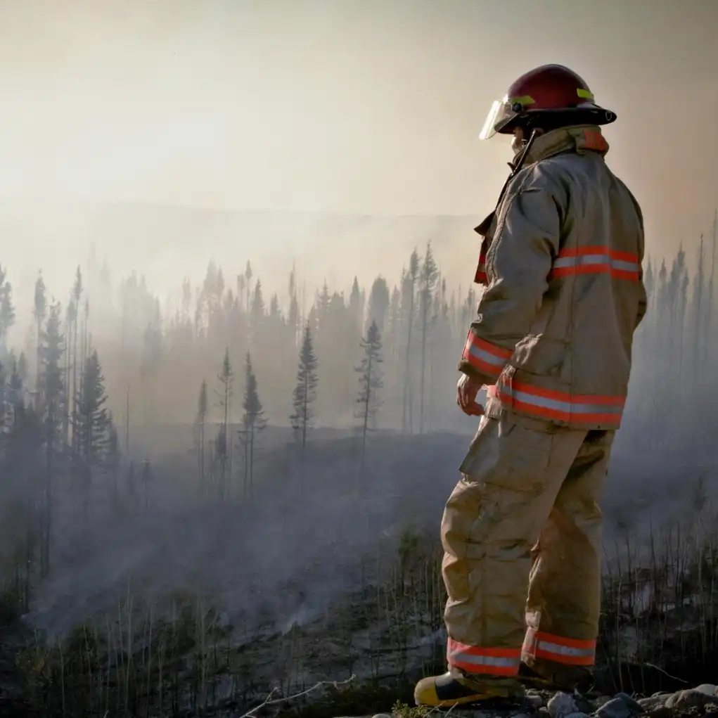 A wildland firefighter looking over a burnt forest